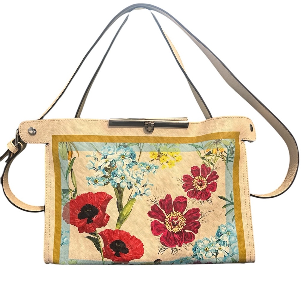 Cream and Red Floral Shoulder Bag with Wooden Frame